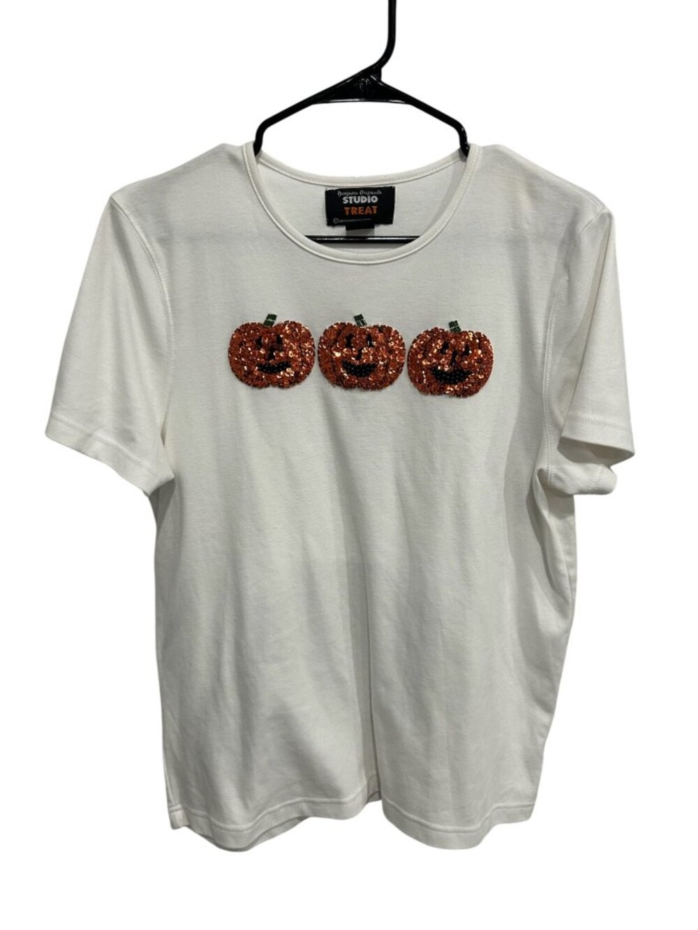 Studio Treat White T-Shirt Orange Sequin Pumpkin Graphic Tee Size XL Halloween